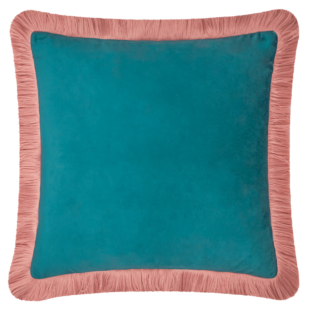 Halo Fringed Velvet 50x50 Cushion Case Teal/Blush