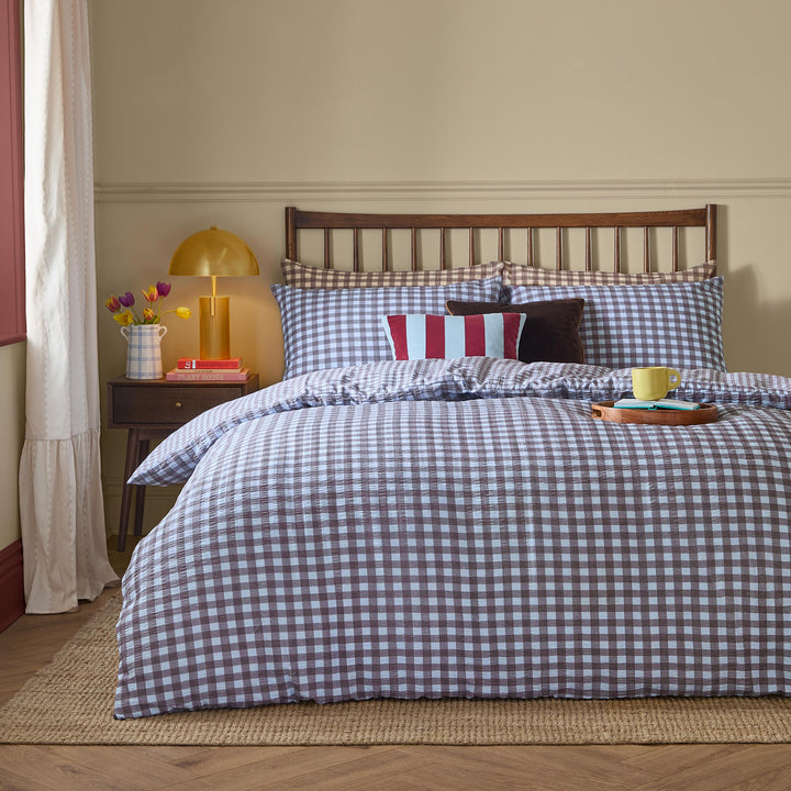 Harriet Gingham Single Duvet Set Blue/Chocolate
