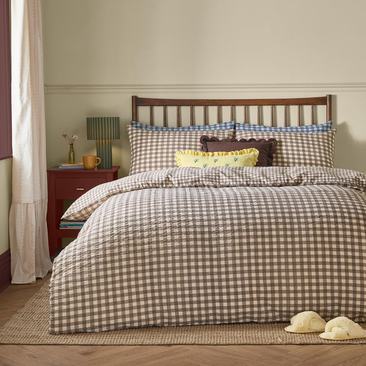 Harriet Gingham Single Duvet Set Buttermilk/Chocolate