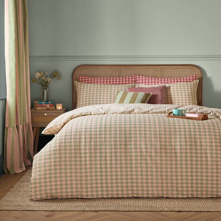 Harriet Gingham Super King Duvet Set Pink/Green