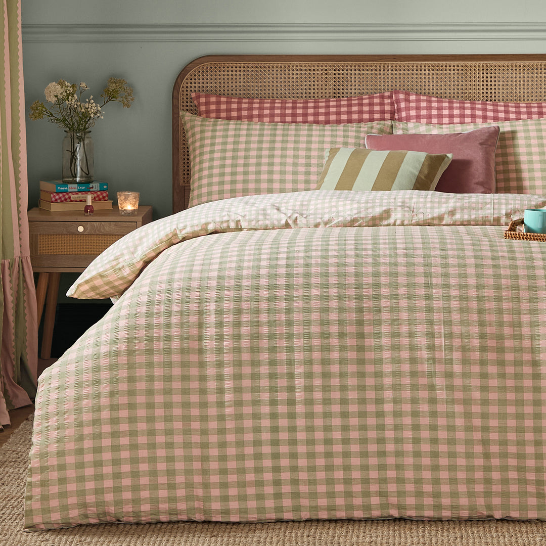 Harriet Gingham Super King Duvet Set Pink/Green - image 3