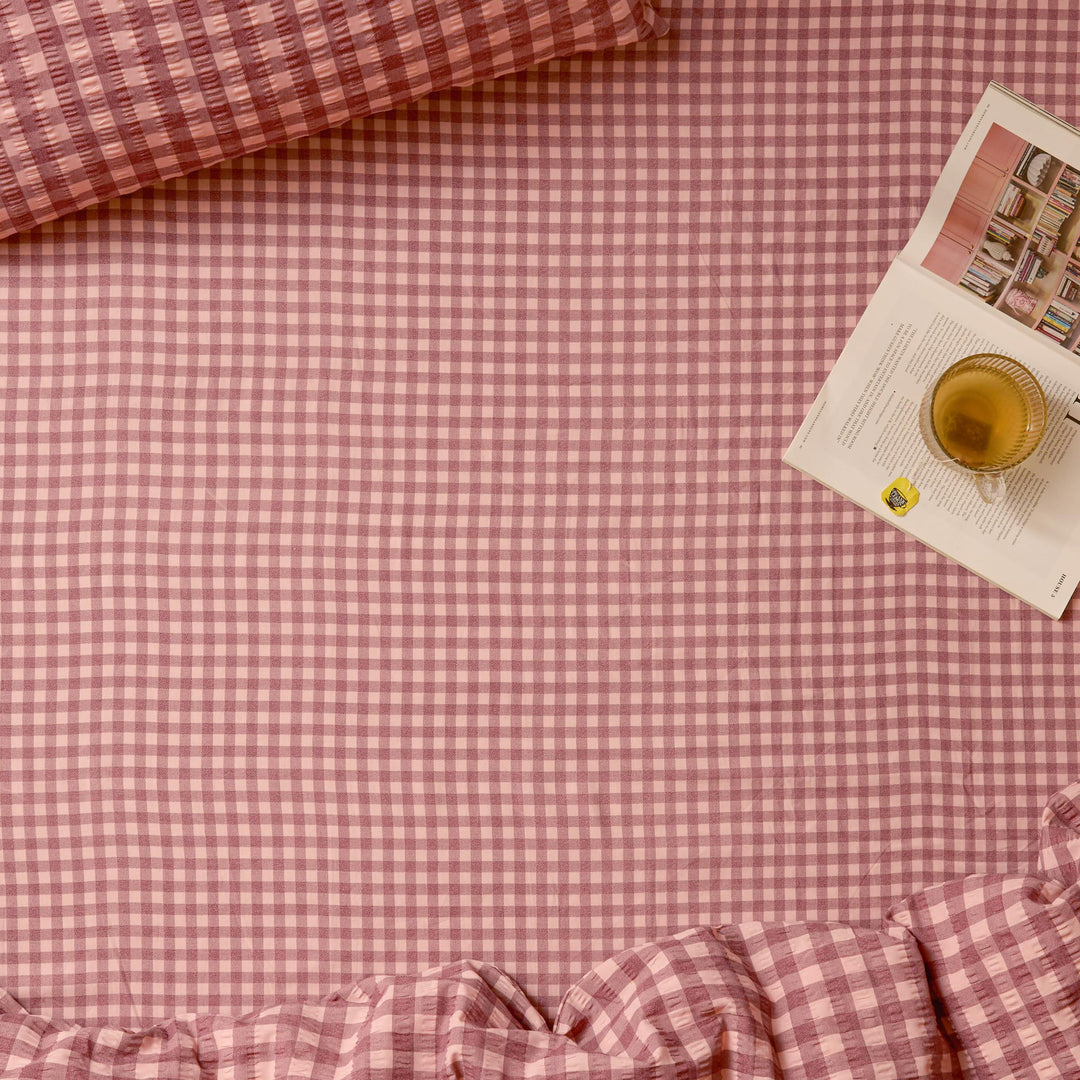 Harrietgingham Double Fitted Sheet Burgundy/Blossom