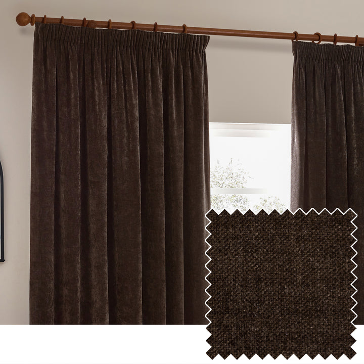 Heavy Chenille Blackout 117x183 Pencil Pleat Curtains Brown