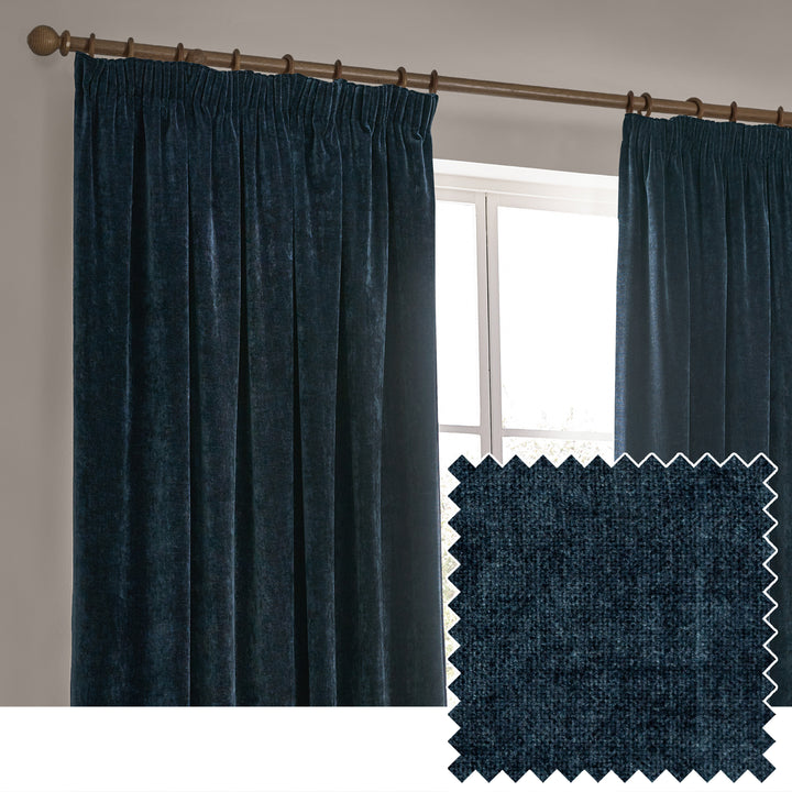Heavy Chenille Blackout 168x183 Pencil Pleat Curtains Navy