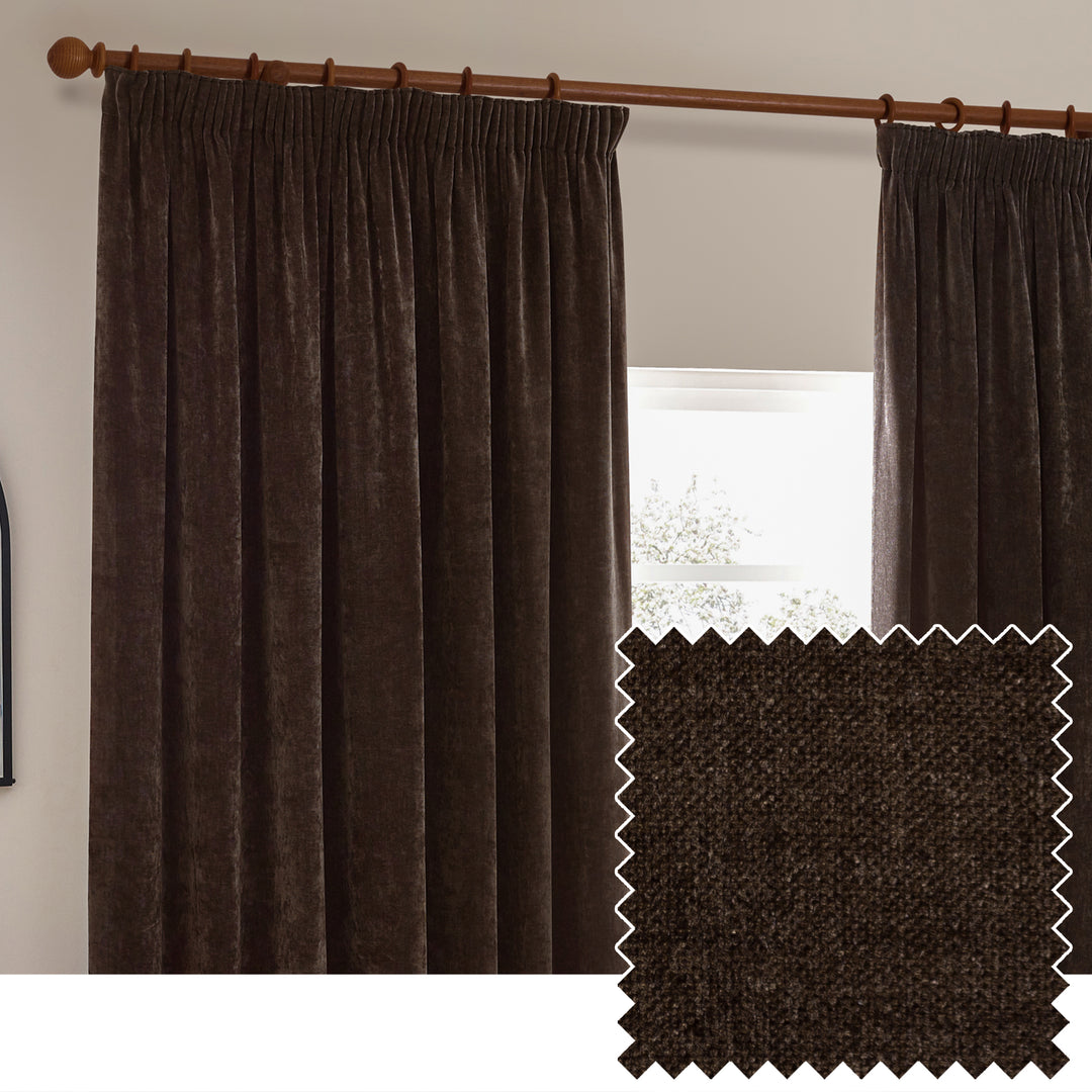 Heavy Chenille Blackout 229x137 Pencil Pleat Curtains Brown