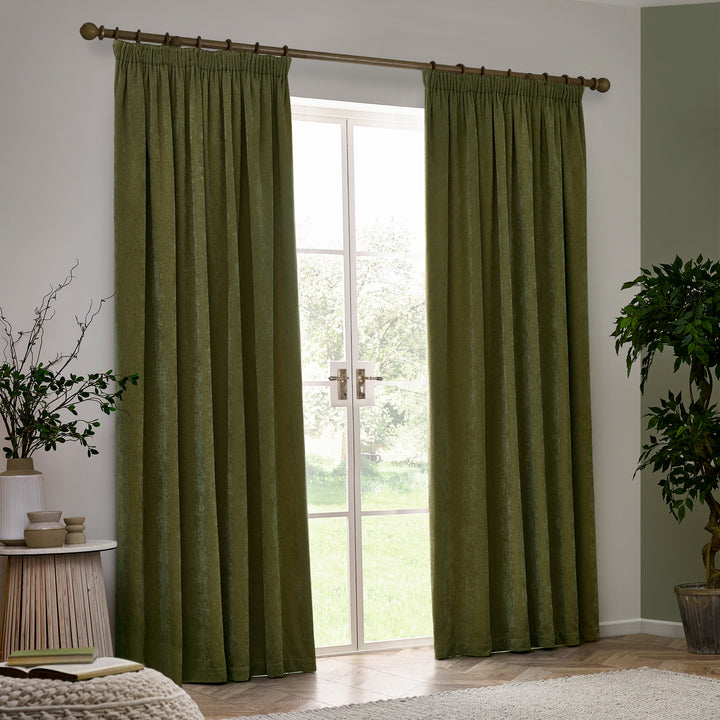 Heavy Chenille Blackout 229x183 Pencil Pleat Curtains Olive - image 5
