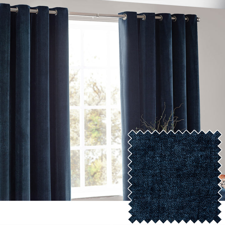 Heavy Chenille Blackout 117x137 Eyelet Curtains Navy
