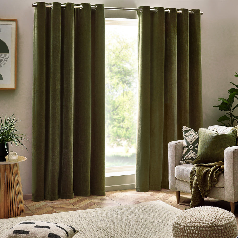 Heavy Chenille Blackout 117x137 Eyelet Curtains Olive - image 2