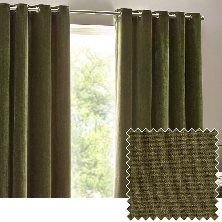 Heavy Chenille Blackout 117x183 Eyelet Curtains Olive