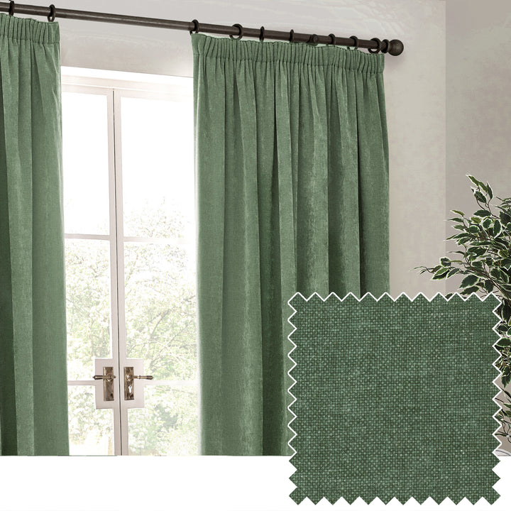 HEAVY CHENILLE 117X137 PENCIL PLEAT CURTAIN EUCALYPTUS