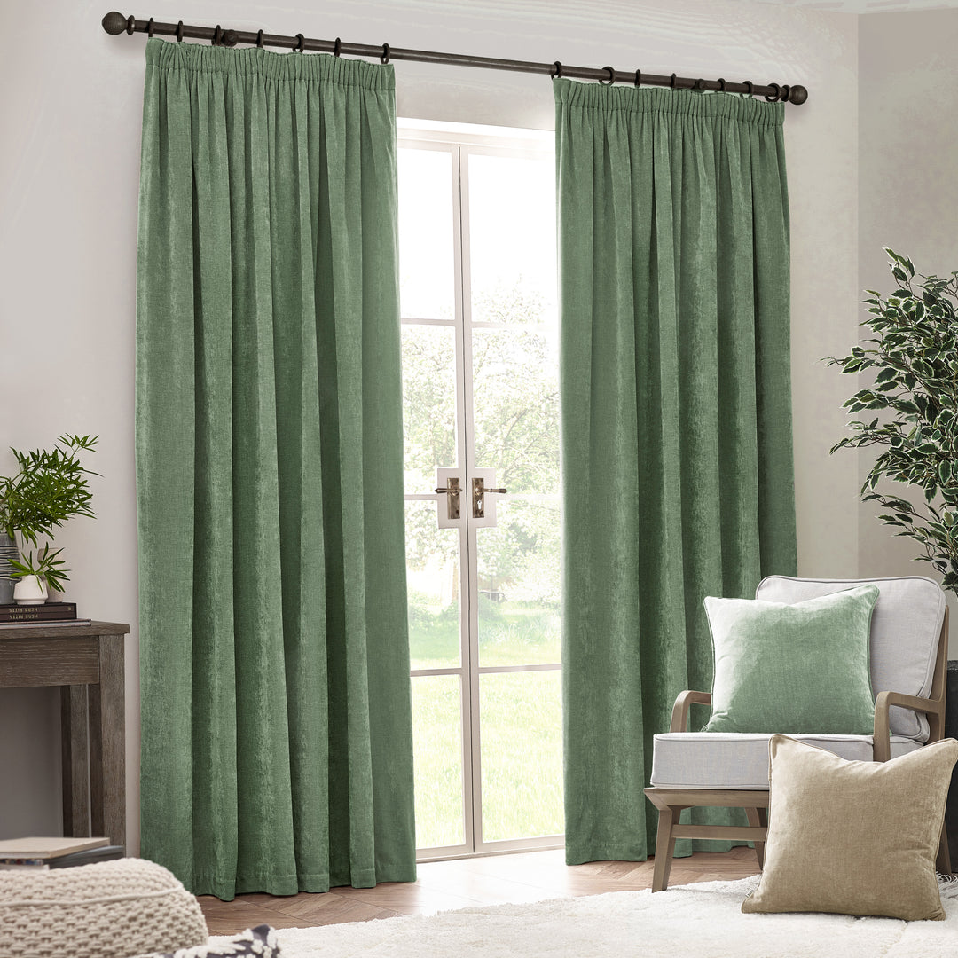 HEAVY CHENILLE 117X137 PENCIL PLEAT CURTAIN EUCALYPTUS