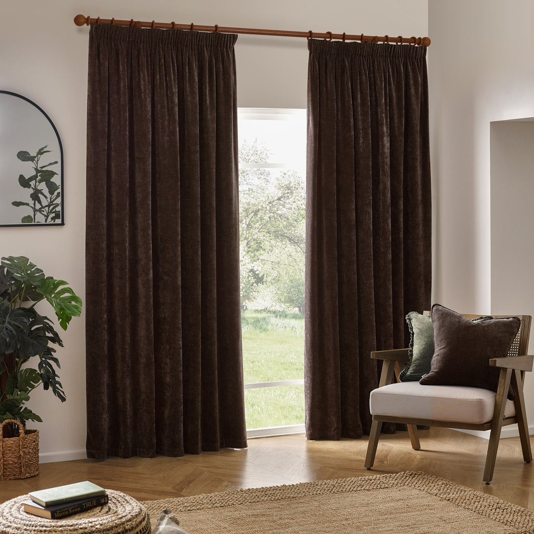 HEAVY CHENILLE 117X183 PENCIL PLEAT CURTAIN BROWN