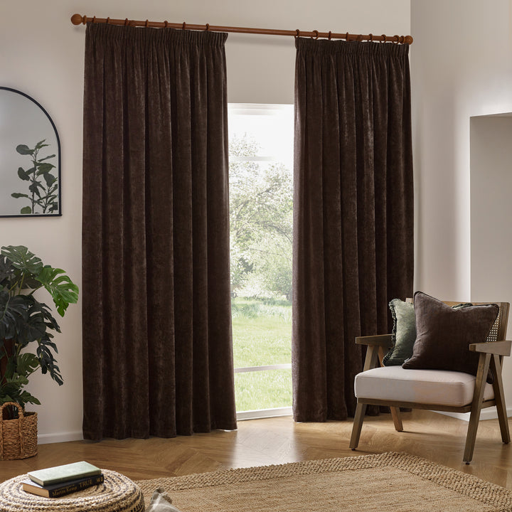 HEAVY CHENILLE 117X183 PENCIL PLEAT CURTAIN BROWN