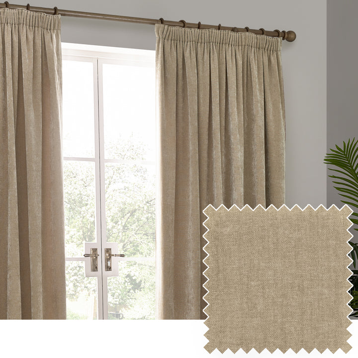 HEAVY CHENILLE 117X183 PENCIL PLEAT CURTAIN NATURAL