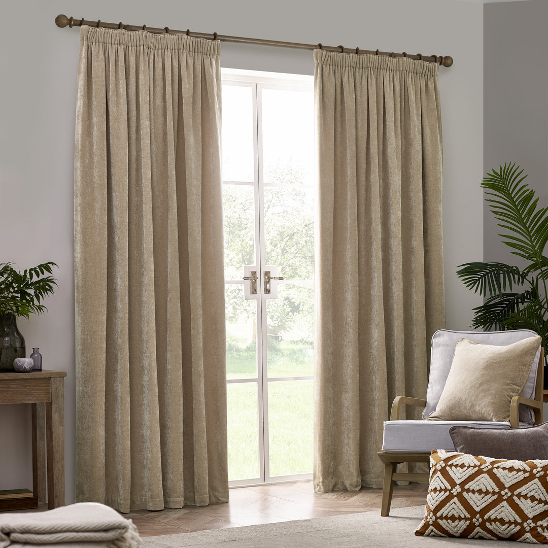 HEAVY CHENILLE 117X183 PENCIL PLEAT CURTAIN NATURAL