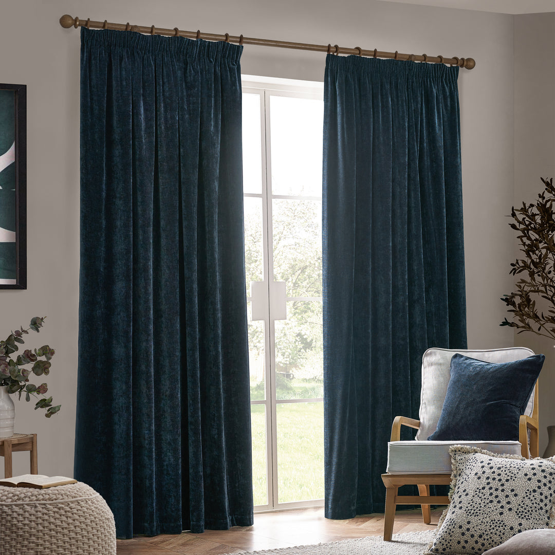 HEAVY CHENILLE 117X183 PENCIL PLEAT CURTAIN NAVY