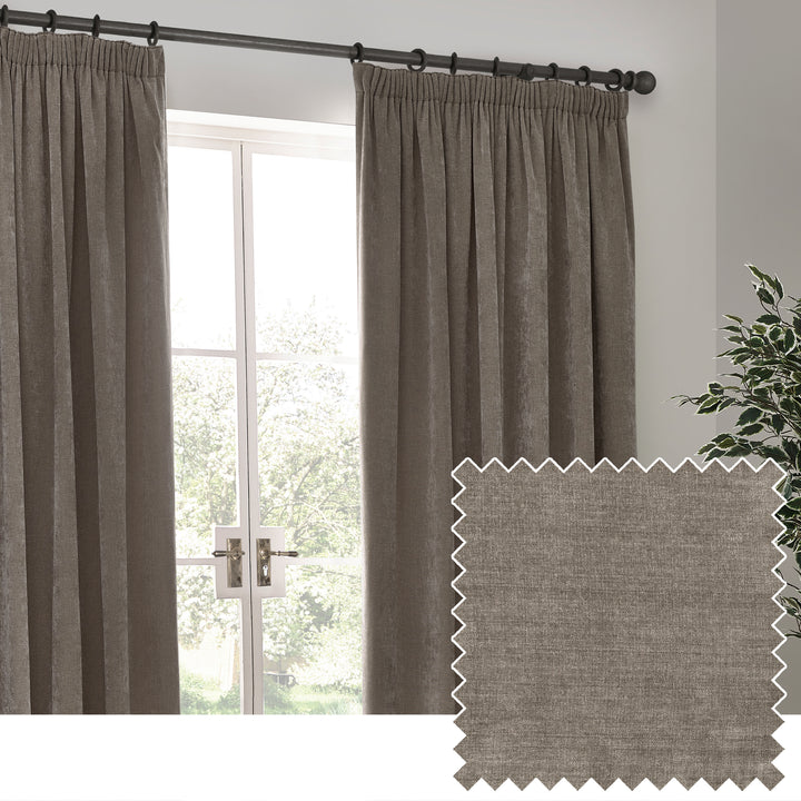 HEAVY CHENILLE 168X183 PENCIL PLEAT CURTAIN GREIGE