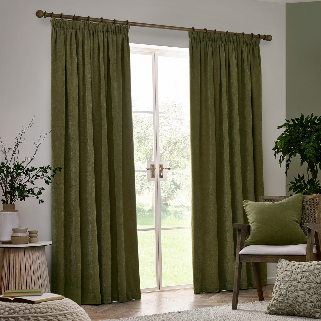HEAVY CHENILLE 168X183 PENCIL PLEAT CURTAIN OLIVE