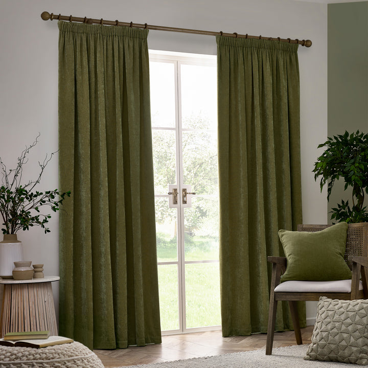 HEAVY CHENILLE 168X183 PENCIL PLEAT CURTAIN OLIVE