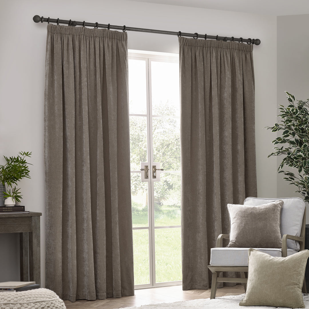 HEAVY CHENILLE 168X229 PENCIL PLEAT CURTAIN GREIGE