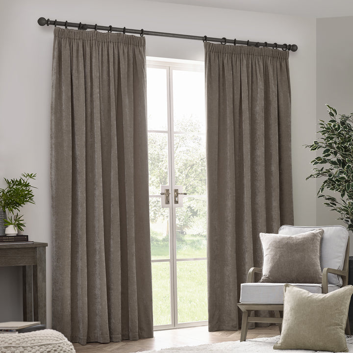 HEAVY CHENILLE 168X229 PENCIL PLEAT CURTAIN GREIGE