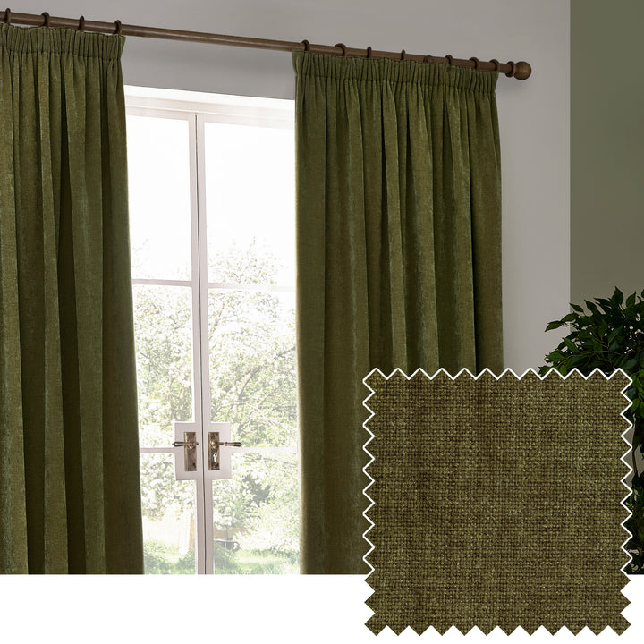 HEAVY CHENILLE 168X229 PENCIL PLEAT CURTAIN OLIVE