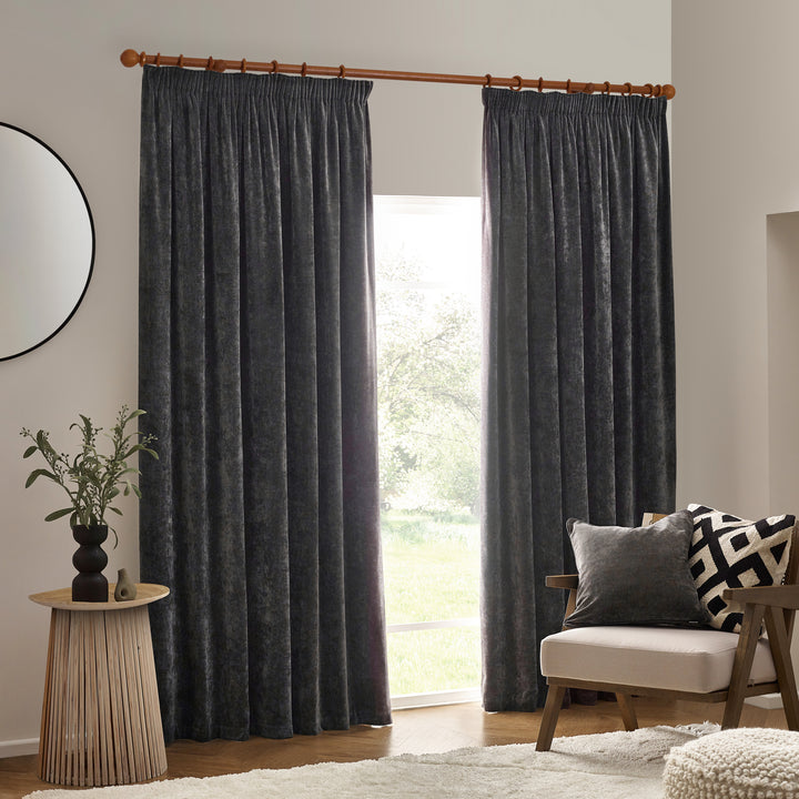 HEAVY CHENILLE 229X137 PENCIL PLEAT CURTAIN CHARCOAL