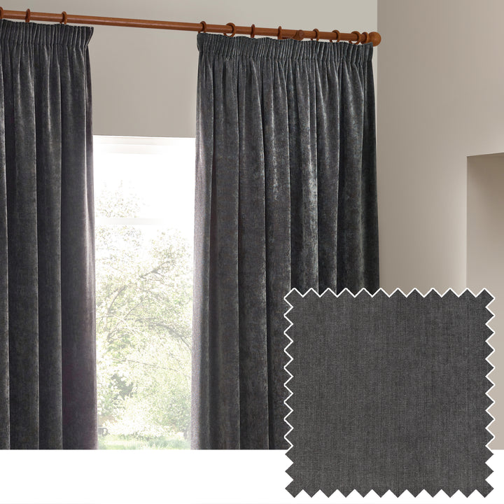 HEAVY CHENILLE 229X137 PENCIL PLEAT CURTAIN CHARCOAL