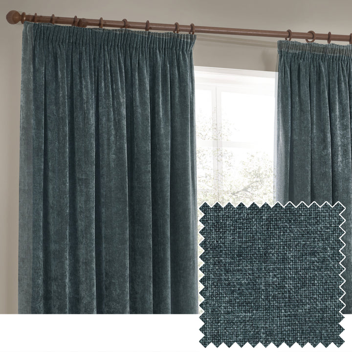HEAVY CHENILLE 229X137 PENCIL PLEAT CURTAIN MARINE
