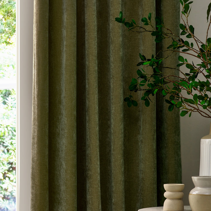 HEAVY CHENILLE 229X137 PENCIL PLEAT CURTAIN OLIVE