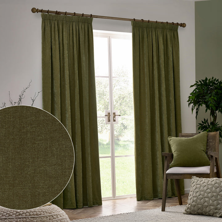 Heavy Chenille 229x137 Pencil Pleat Curtain Olive