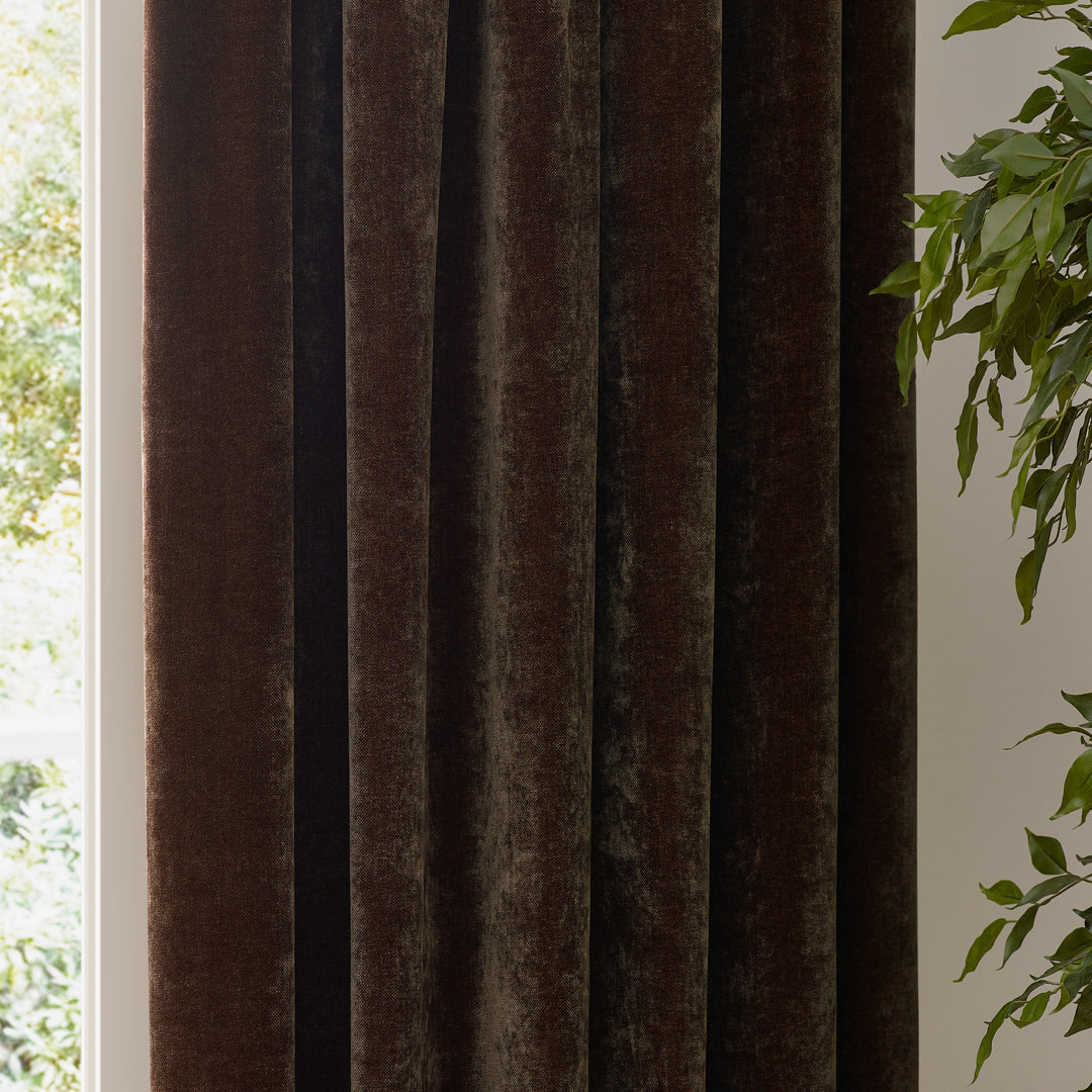 HEAVY CHENILLE 229X183 PENCIL PLEAT CURTAIN BROWN