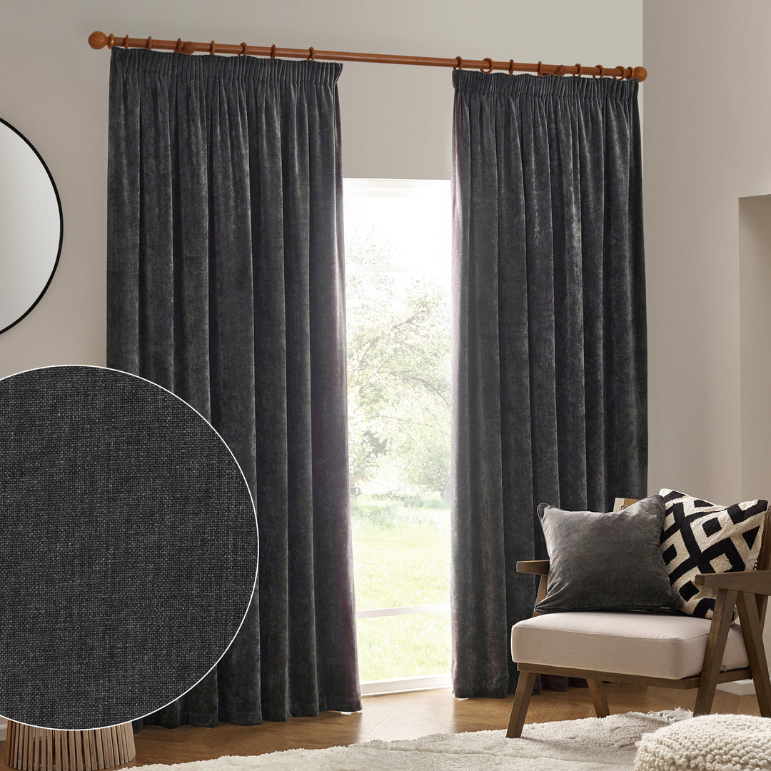 Heavy Chenille 229x229 Pencil Pleat Curtain Charcoal