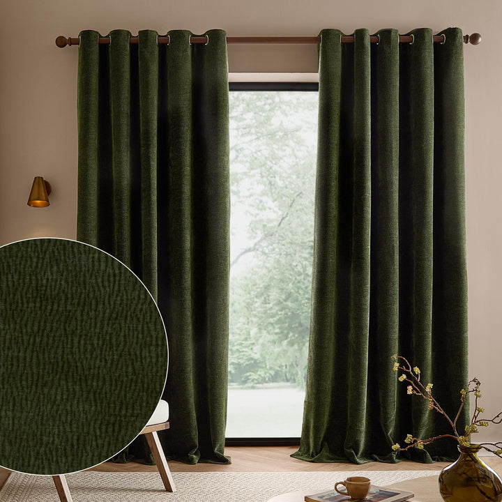 Heath Washed Velvet 229x137 Eyelet Curtains Olive