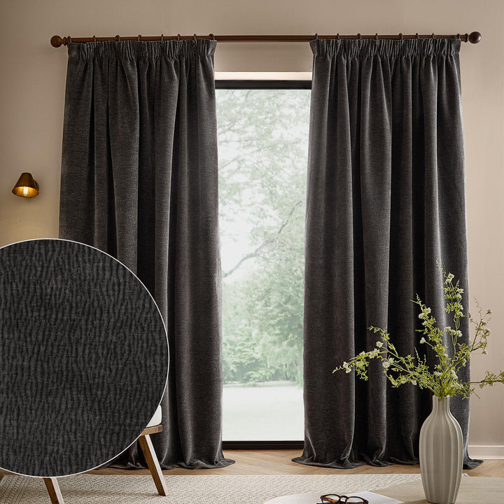Heath Washed Velvet 168x137 Pencil Pleat Curtains Charcoal