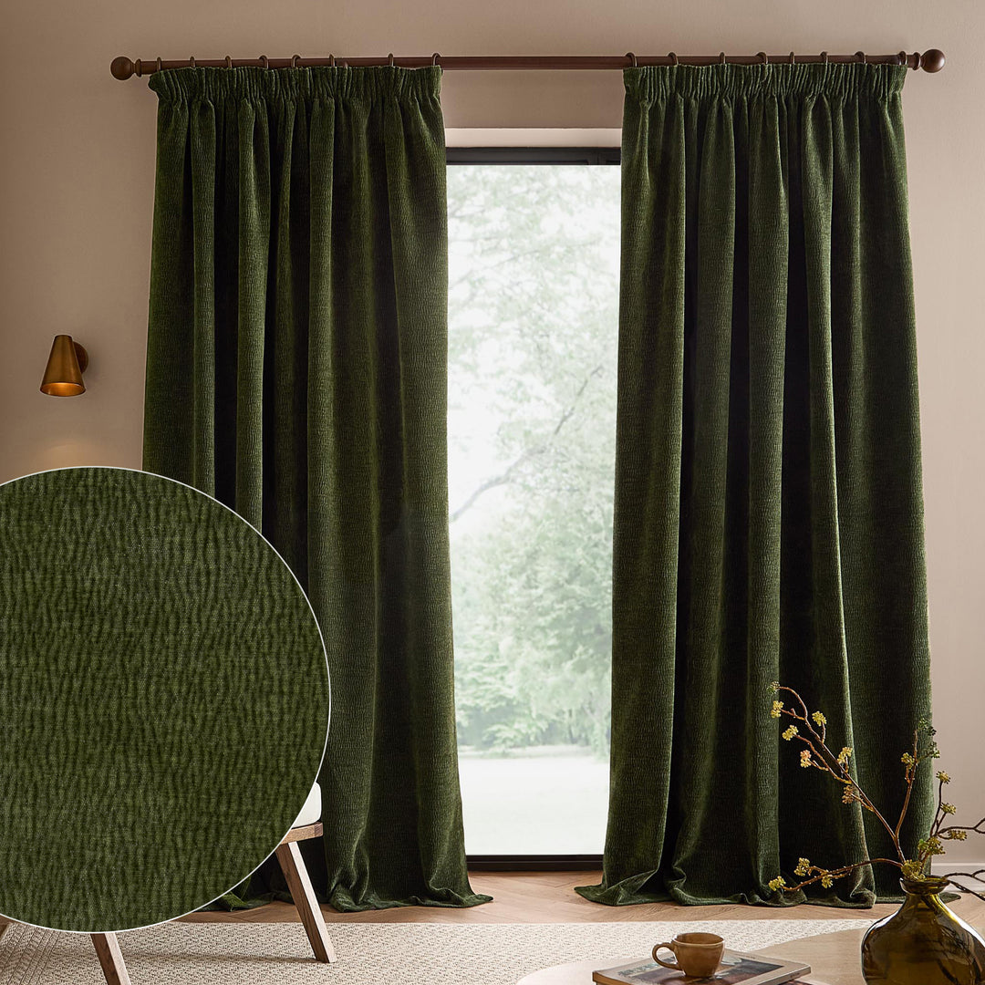 Heath Washed Velvet 168x137 Pencil Pleat Curtains Olive