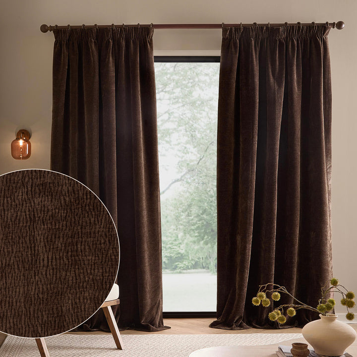 Heath Washed Velvet 229x137 Pencil Pleat Curtains Espresso Brown