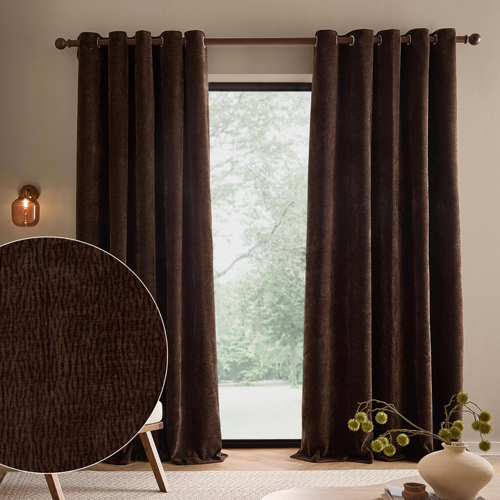 Heath Washed Velvet 168x137 Eyelet Curtains Espresso Brown