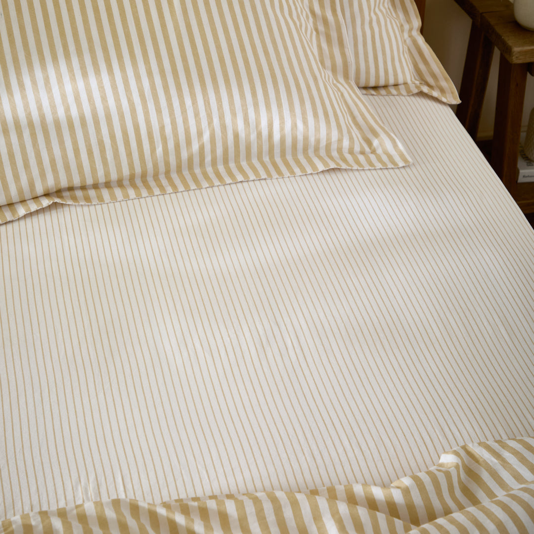 Hebden Narrow Stripe Double Fitted Sheet Honey Yellow