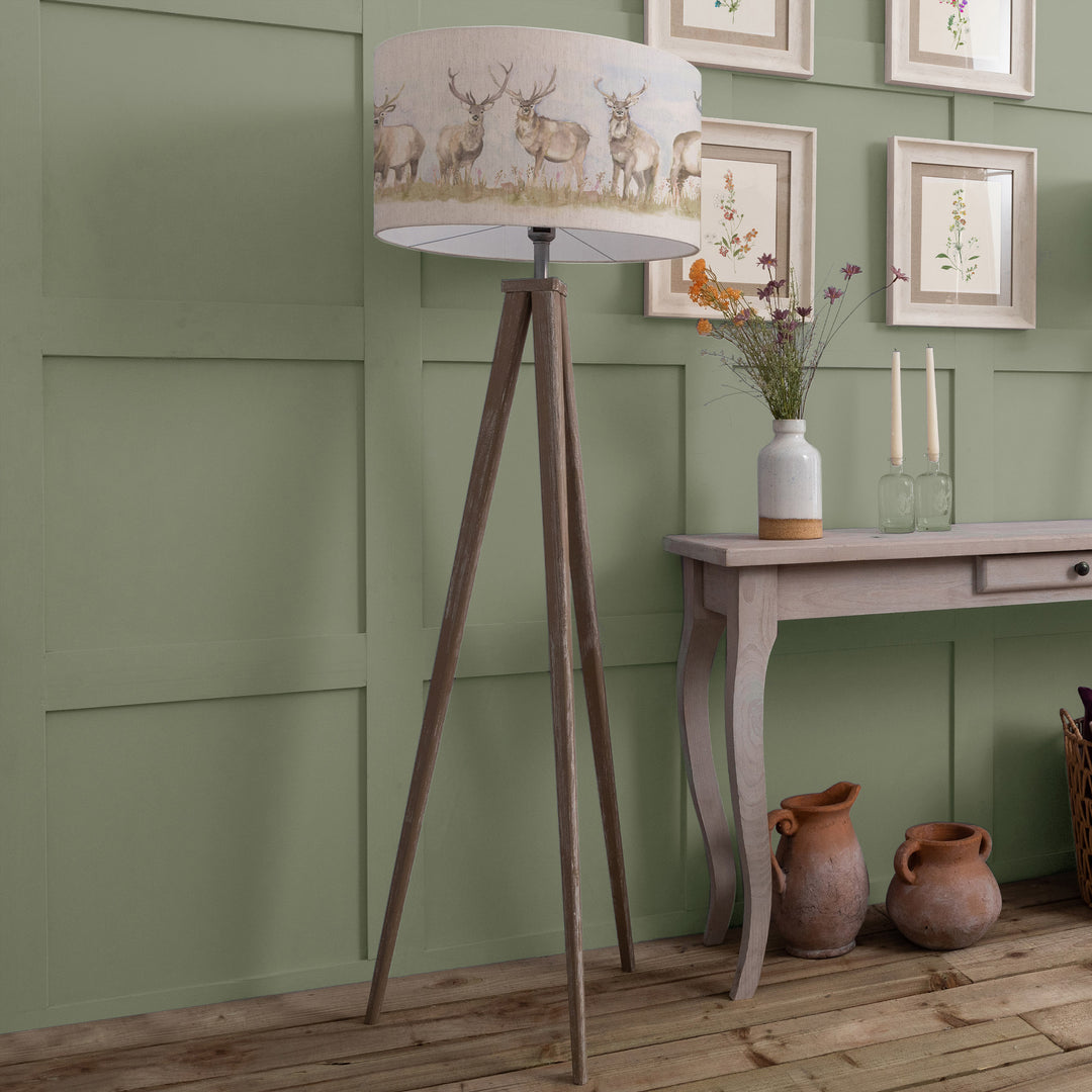 Aratus Floor Lampbase Grey Wash/Moorland Stag EVA 52cm Lampshade Linen