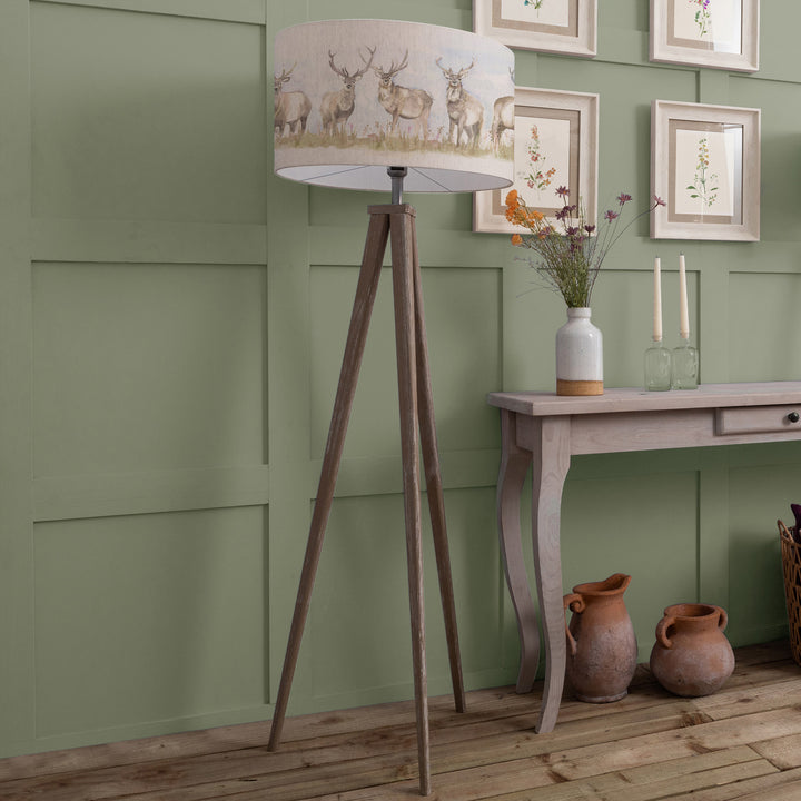 Aratus Floor Lampbase Grey Wash/Moorland Stag EVA 52cm Lampshade Linen