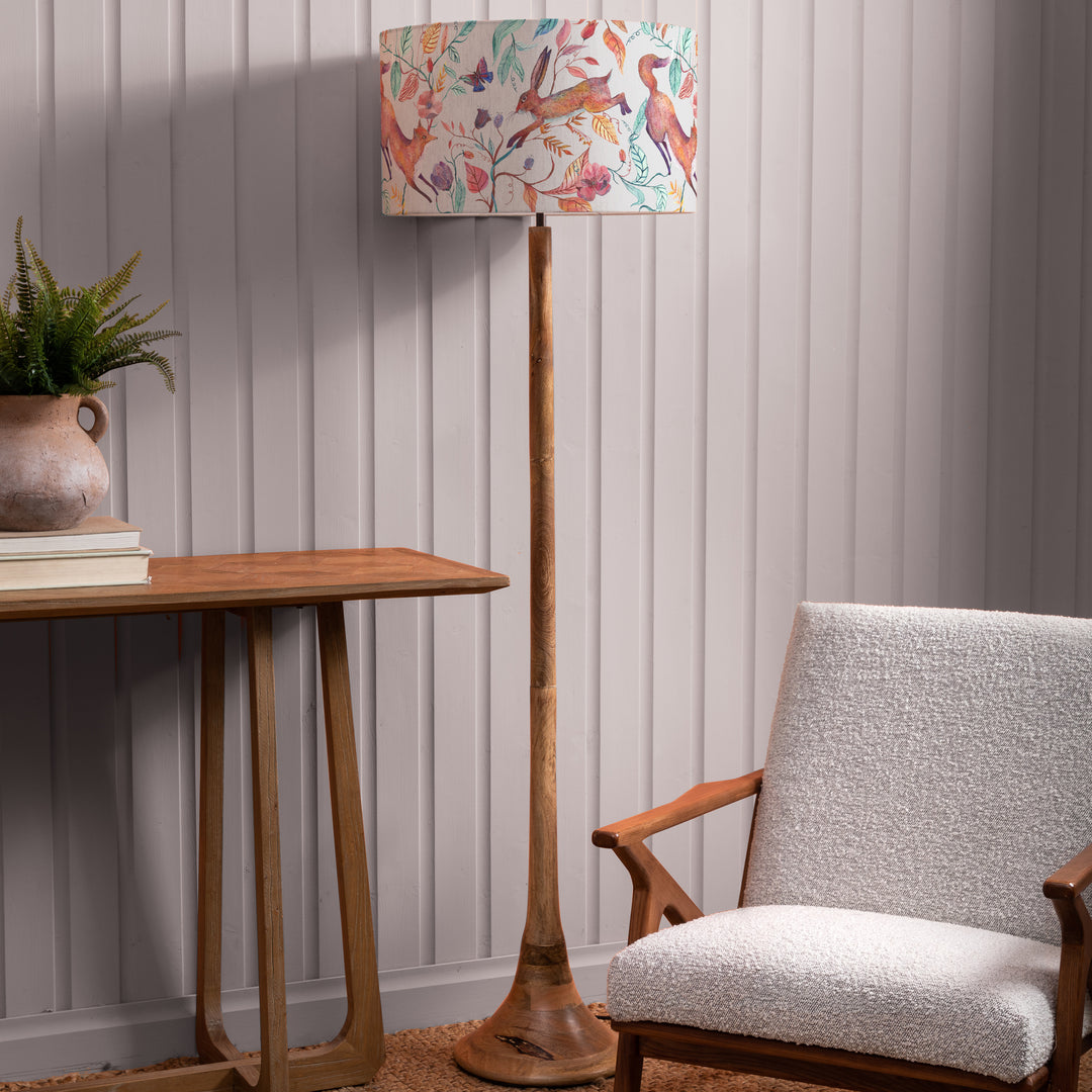 Kinross Floor Lampbase Wood Mango/Leaping Into The Fauna EVA 52cm Lampshade Linen