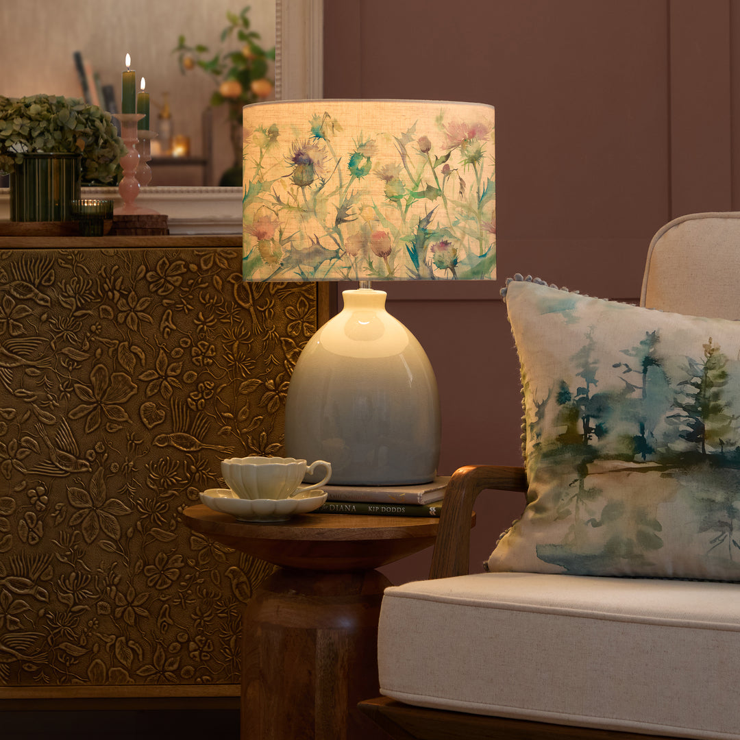 LEURA TABLE LAMPBASE DUCK EGG/CIRSIUM EVA 30CM LAMPSHADE DAMSON