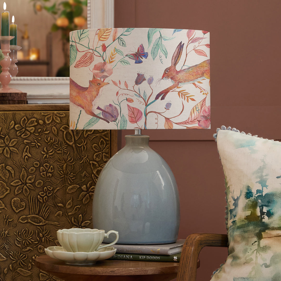 Leura Table Lampbase Duck Egg/Leaping Into The Fauna EVA 30cm Lampshade Linen