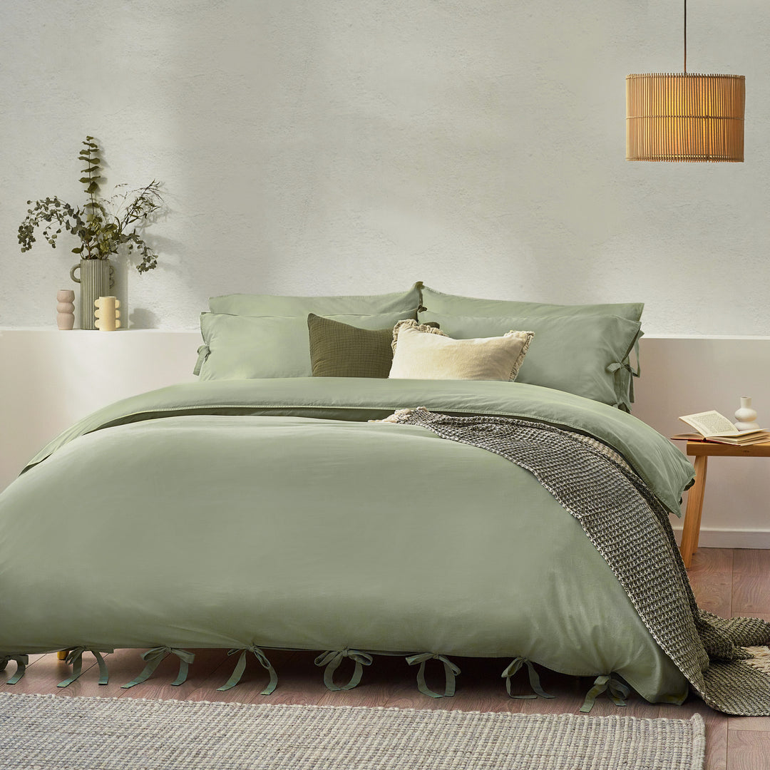 Mallow Bow Tie Super King Duvet Set Soft Sage