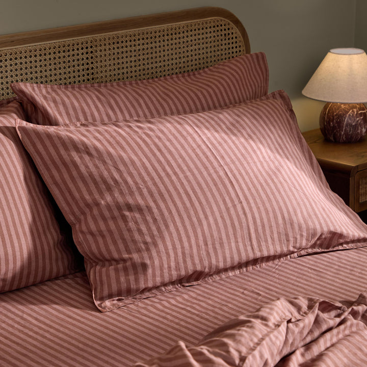 Marlow Stripe Pillowcase Pairs Chocolate/Rosewood