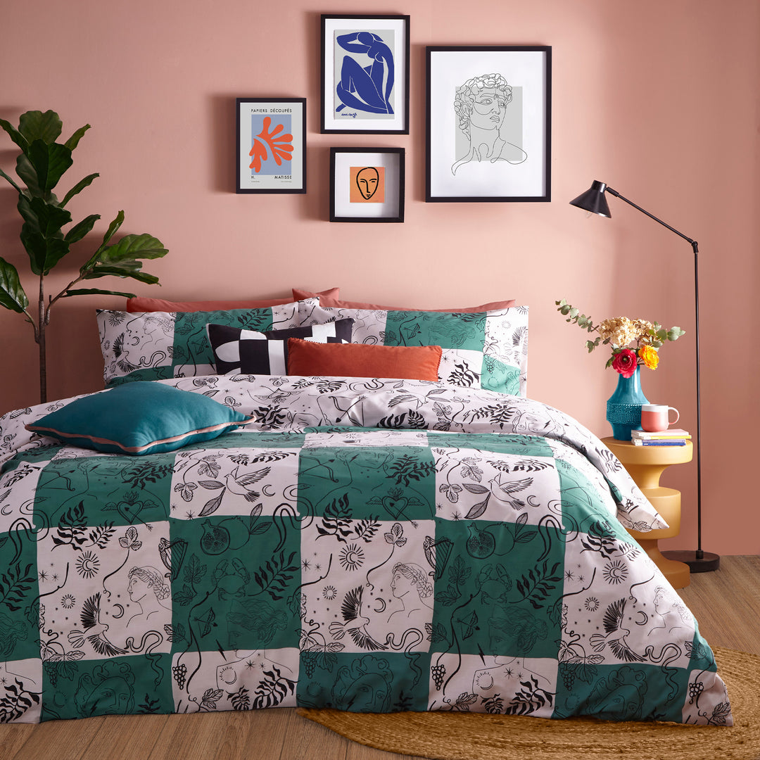 Mythos Checkerboard Single Duvet Set Green/Natural