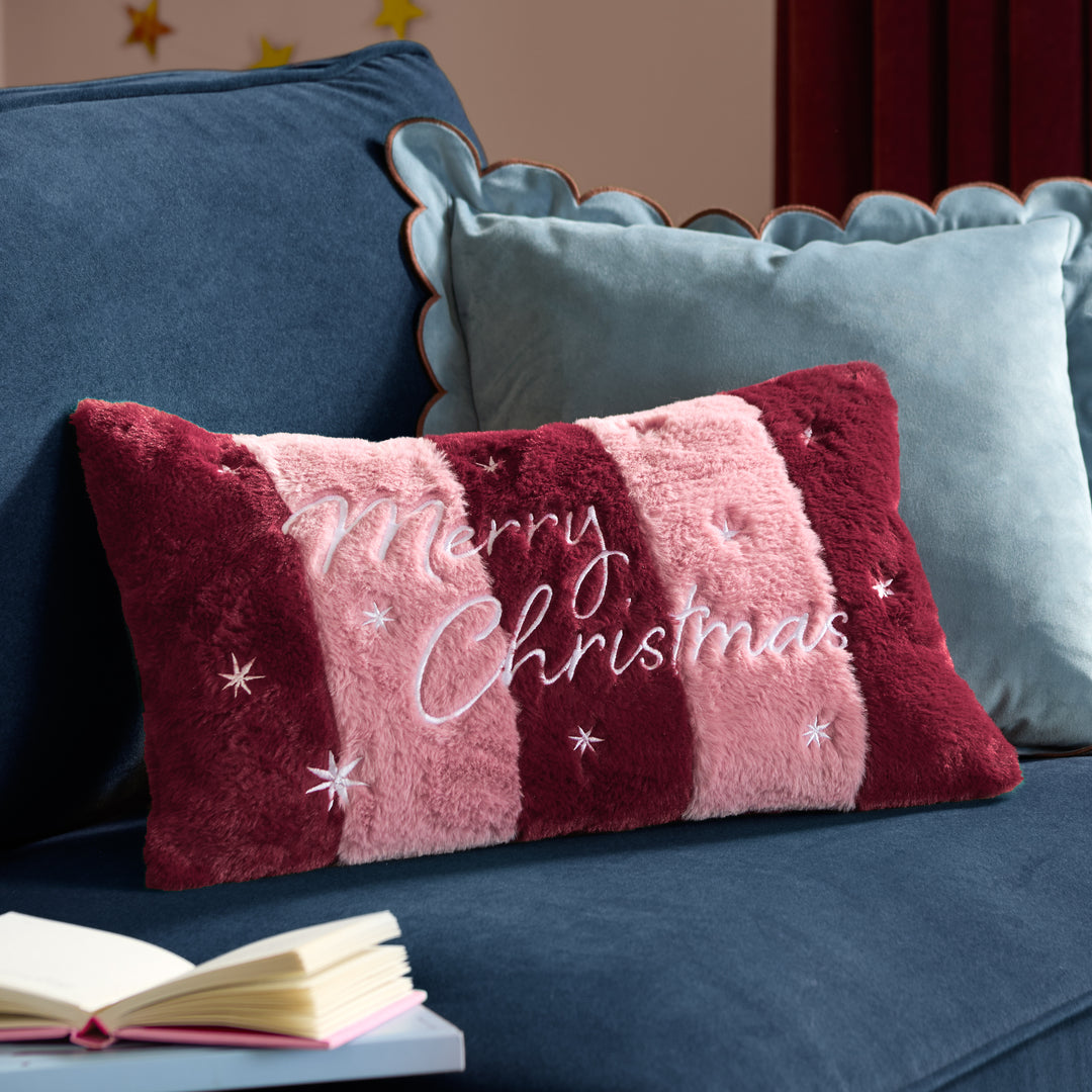 Merry Christmas Fur Stripe 30x50 Cushion Case Burgundy/Pink