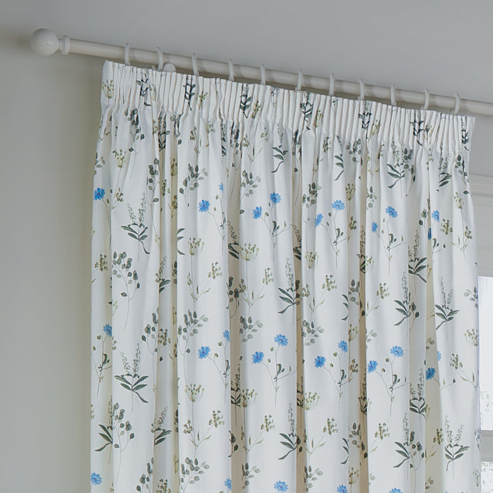 MEADOW 117X137 PENCIL PLEAT CURTAINS WHITE/CORNFLOWER