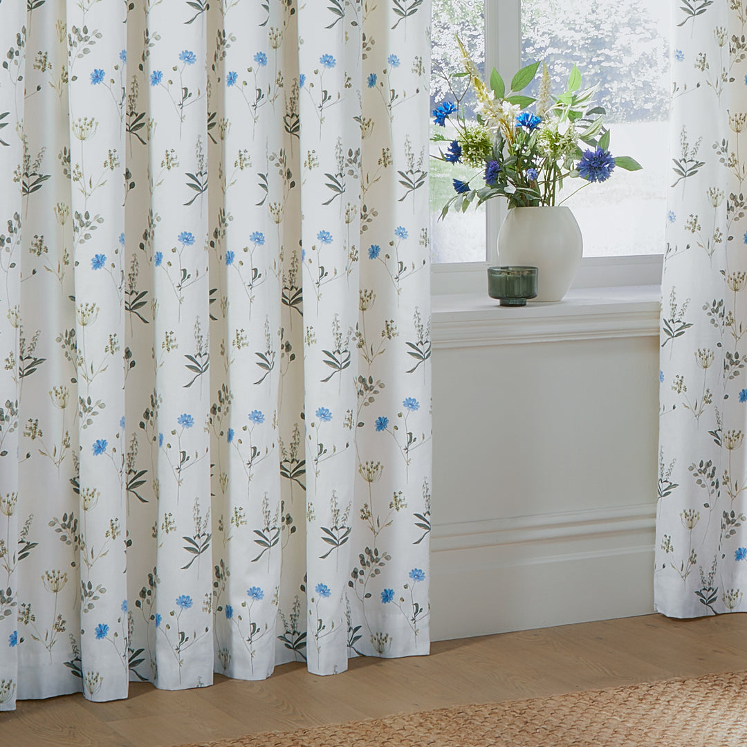 MEADOW 117X137 PENCIL PLEAT CURTAINS WHITE/CORNFLOWER